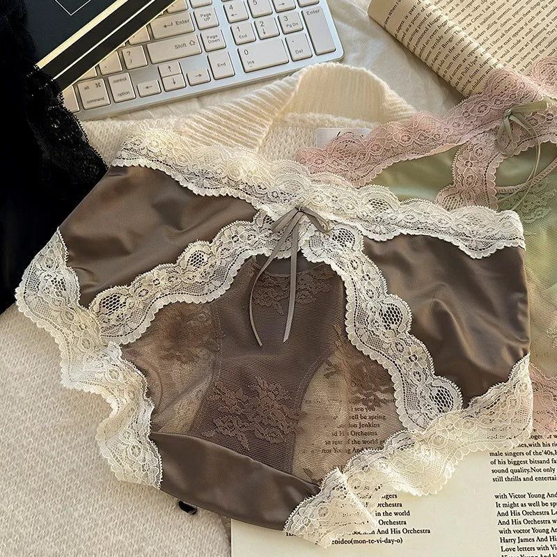 Sheer Lace Women's Panties Sexy Comfortable Underwear Girls Cotton Crotch Satin Contrast-Color Patchwork Women's Briefs Lingerie