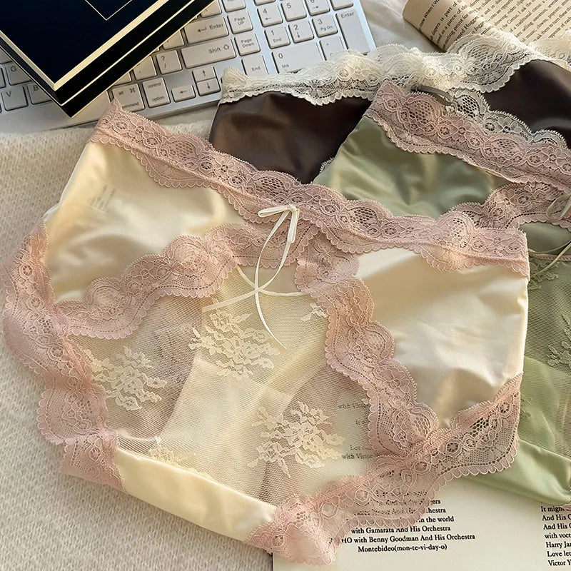 Sheer Lace Women's Panties Sexy Comfortable Underwear Girls Cotton Crotch Satin Contrast-Color Patchwork Women's Briefs Lingerie