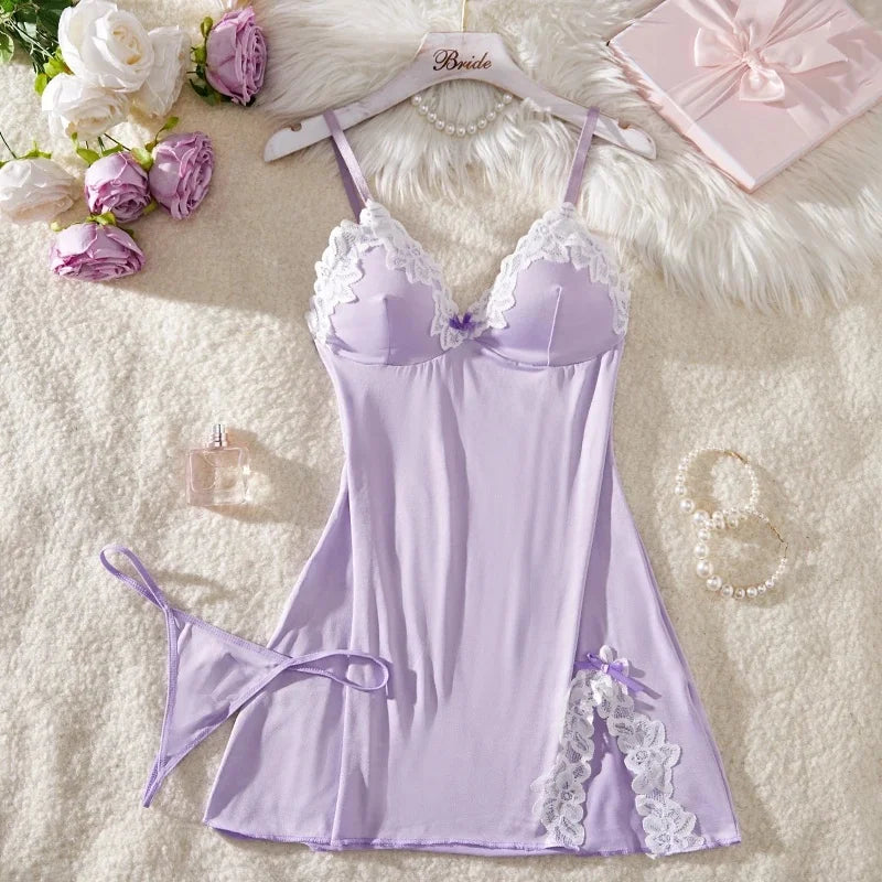 Sexy Lingerie Set Women Erotic Bra Nightdress Sexy Lace Sleepwear Solid Slim Soft Dresses V Neck Full Slip Sleepwear & Dresses