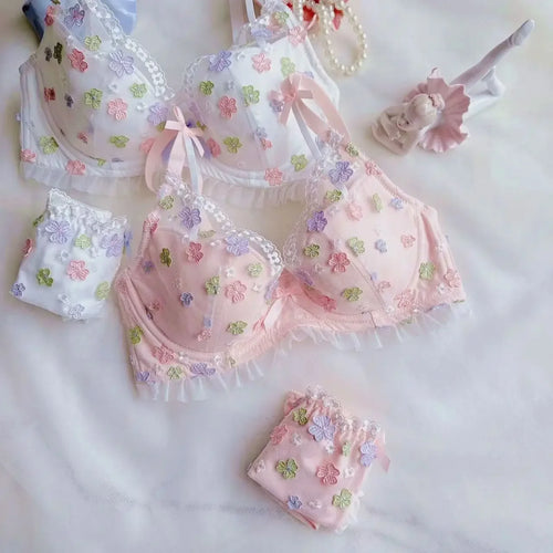 Japanese Exquisite Three-dimensional Embroidery Thin Cup Underwear Butterfly Cup Gathering Sexy Bra Set